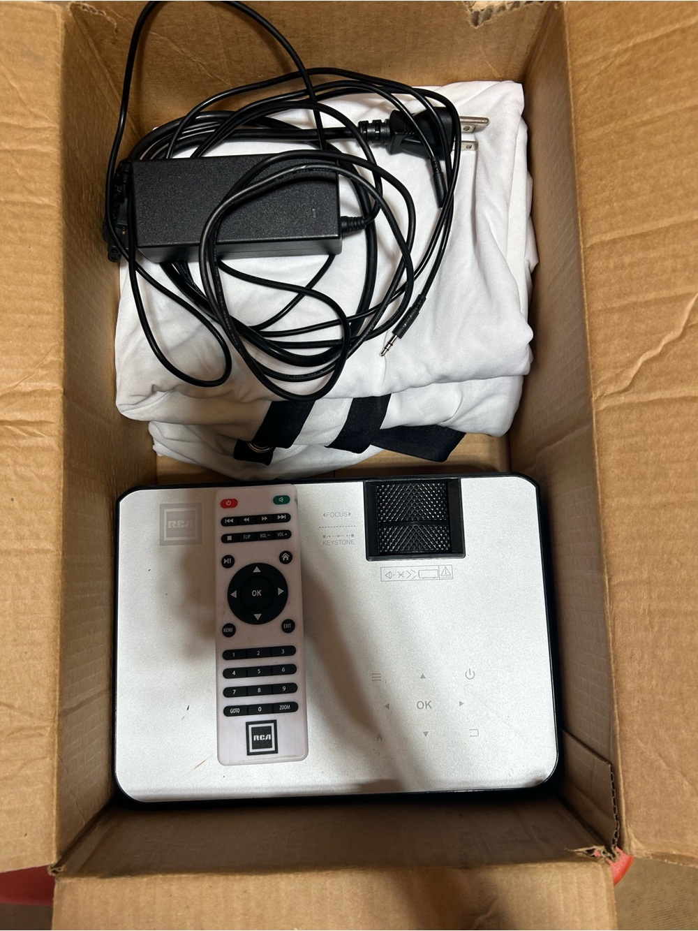 Compact White Projector with Remote and Power Adapter